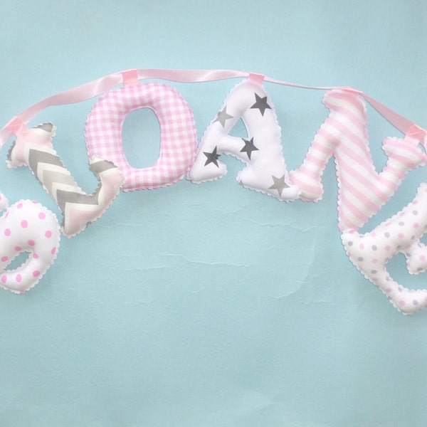 Fabric letters Pink white gray nursery name banner, girls room decor, Pink - White - Gray color, baby shower gift, pet name, baby name