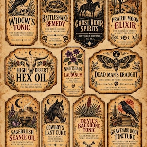 May include: A collection of twelve rectangular vintage-style labels with ornate borders, featuring illustrations of skulls, ravens, snakes, horses, moths, and desert landscapes. Each label includes unique text titles like Widow's Tonic, Rattlesnake Remedy, and Dead Man's Draught, printed in a mix of serif and decorative fonts on a textured, aged paper background.