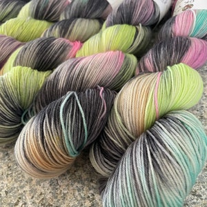 Hand Dyed Fingering Weight Sock Yarn, Gray Rainbow, UV Reactive Neons, Graynbow, Sock Wool,  Superwash Merino Wool with Nylon, PK Yarn