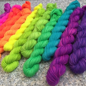 Set of 12 neon rainbow mini skeins, fluorescent yarn, neon sock yarn, rainbow yarn, hand dyed mini skeins, sock yarn kit, PK Yarn image 7