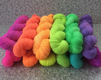 Neon Sock Yarn, Fluorescent Yarn, Fingering Weight, A Rainbow of Color Choices, PK Yarn, Full 100g Skeins, Dyed to Order