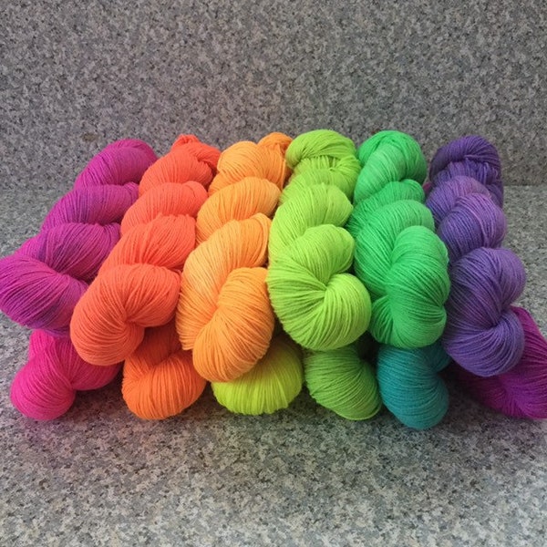 Neon Sock Yarn, Fluorescent Yarn, Fingering Weight, A Rainbow of Color Choices, PK Yarn, Full 100g Skeins, Dyed to Order