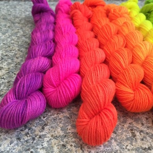 Set of 12 neon rainbow mini skeins, fluorescent yarn, neon sock yarn, rainbow yarn, hand dyed mini skeins, sock yarn kit, PK Yarn image 10