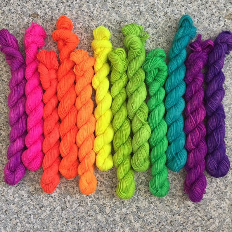 Set of 12 neon rainbow mini skeins, fluorescent yarn, neon sock yarn, rainbow yarn, hand dyed mini skeins, sock yarn kit, PK Yarn image 2