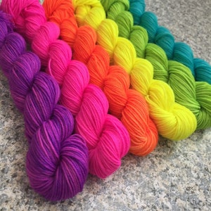 Rainbow Mini Skein Set, Sock Yarn Mini Skein Set of 6, Neon Mini Skein Set, Fluorescent Mini Skeins Set, 6 Mini Skeins, PK Yarn, PK Minis image 9