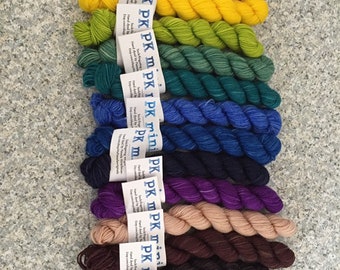 Individual Mini Skeins, Hand Dyed Fingering Weight Sock Yarn, Kettle Dyed, Choose from a Rainbow of Colors, PK Yarn, 20g each