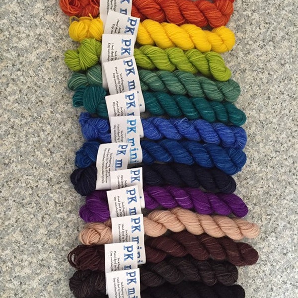 Individual Mini Skeins, Hand Dyed Fingering Weight Sock Yarn, Kettle Dyed, Choose from a Rainbow of Colors, PK Yarn, 20g each
