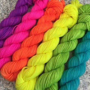 Rainbow Mini Skein Set, Sock Yarn Mini Skein Set of 6, Neon Mini Skein Set, Fluorescent Mini Skeins Set, 6 Mini Skeins, PK Yarn, PK Minis image 8