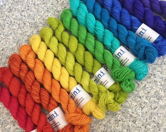 Set of 13 Hand Dyed Rainbow Mini Skeins, Fingering Weight Sock Yarn, PK Yarn, 20g each, Superwash Merino Wool with Nylon, Dyed to Order