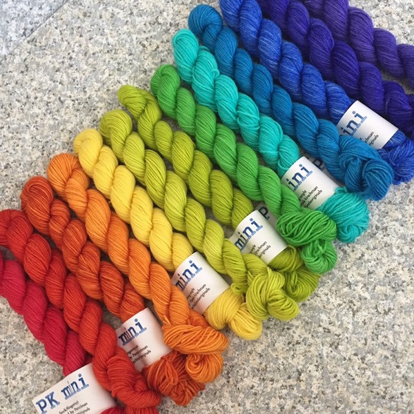 Set of 13 Hand Dyed Rainbow Mini Skeins, Fingering Weight Sock Yarn, PK Yarn, 20g each, Superwash Merino Wool with Nylon, Dyed to Order