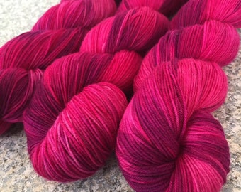 Hand Dyed Sock Yarn, Fingering Weight Yarn, Pink Yarn, Superwash Merino Wool with Nylon, PK Yarn, Razzmatazz, 4-ply yarn