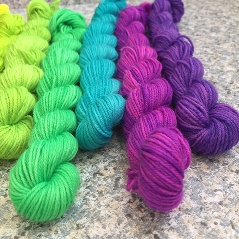 Set of 12 neon rainbow mini skeins, fluorescent yarn, neon sock yarn, rainbow yarn, hand dyed mini skeins, sock yarn kit, PK Yarn image 9