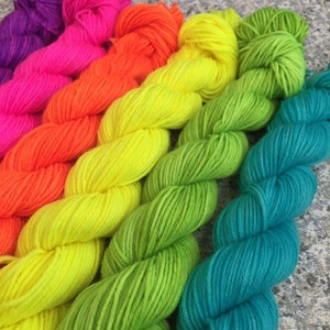 Rainbow Mini Skein Set, Sock Yarn Mini Skein Set of 6, Neon Mini Skein Set, Fluorescent Mini Skeins Set, 6 Mini Skeins, PK Yarn, PK Minis image 2