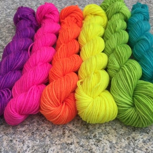 Rainbow Mini Skein Set, Sock Yarn Mini Skein Set of 6, Neon Mini Skein Set, Fluorescent Mini Skeins Set, 6 Mini Skeins, PK Yarn, PK Minis image 6