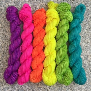 Rainbow Mini Skein Set, Sock Yarn Mini Skein Set of 6, Neon Mini Skein Set, Fluorescent Mini Skeins Set, 6 Mini Skeins, PK Yarn, PK Minis image 1