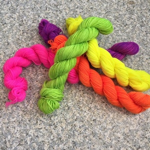 Rainbow Mini Skein Set, Sock Yarn Mini Skein Set of 6, Neon Mini Skein Set, Fluorescent Mini Skeins Set, 6 Mini Skeins, PK Yarn, PK Minis image 5