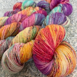 Rainbow Raven Hand Dyed Fingering Weight Sock Yarn, Superwash Merino Wool with Nylon, PK Yarn