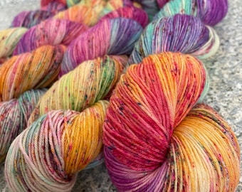 Rainbow Raven Hand Dyed Fingering Weight Sock Yarn, Superwash Merino Wool with Nylon, PK Yarn