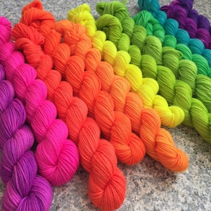 Set of 12 neon rainbow mini skeins, fluorescent yarn, neon sock yarn, rainbow yarn, hand dyed mini skeins, sock yarn kit, PK Yarn image 1