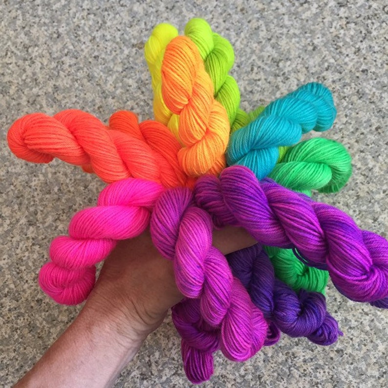 Set of 12 neon rainbow mini skeins, fluorescent yarn, neon sock yarn, rainbow yarn, hand dyed mini skeins, sock yarn kit, PK Yarn image 4