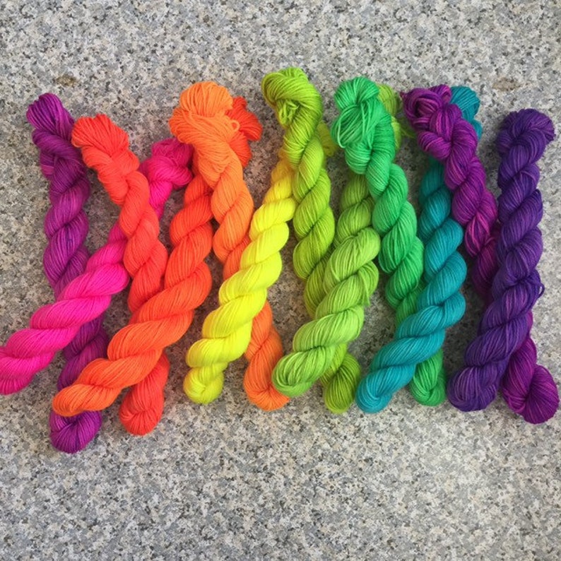 Set of 12 neon rainbow mini skeins, fluorescent yarn, neon sock yarn, rainbow yarn, hand dyed mini skeins, sock yarn kit, PK Yarn image 6