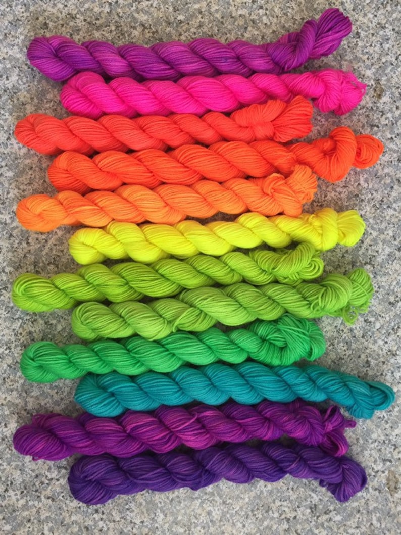 Set of 12 neon rainbow mini skeins, fluorescent yarn, neon sock yarn, rainbow yarn, hand dyed mini skeins, sock yarn kit, PK Yarn image 3