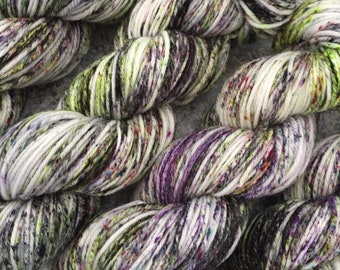 Speckled Yarn, Light Worsted Yarn, Superwash Merino Wool, Green and Purple Yarn, Hand Dyed Yarn, Dark Lady Diaries, PK Yarn