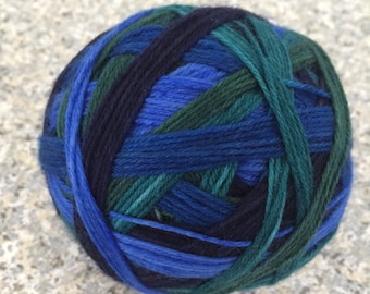 Hand Dyed Self Striping Sock Yarn: Blue & Green Merino Wool Blend