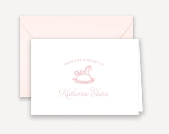 Baby Girl Stationary, Baby Shower Thank You Card, Stationery for Baby Girl, Pink Rocking Horse Baby Note Cards, Flat Note Cards