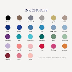 Puede incluir: Un gr&aacute;fico que muestra 24 colores de tinta diferentes para imprimir. Los colores est&aacute;n dispuestos en filas y columnas, con los nombres de cada color enumerados debajo de la muestra de color correspondiente. El texto "INK CHOICES" est&aacute; en la parte superior del gr&aacute;fico. Todos los colores de tinta son mate (no met&aacute;licos) y planos.