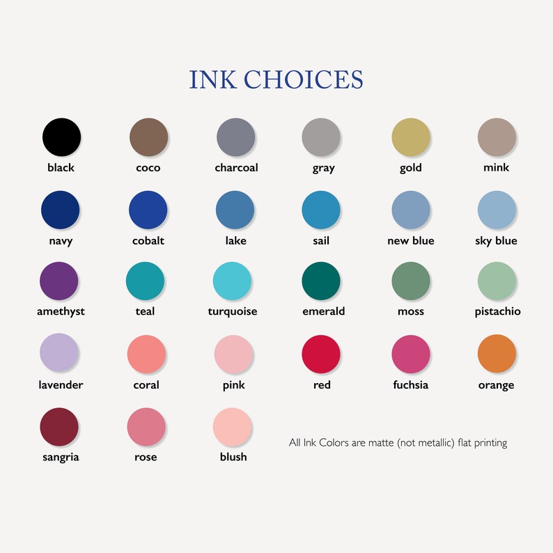 Puede incluir: Un gr&aacute;fico que muestra 24 colores de tinta diferentes para imprimir. Los colores est&aacute;n dispuestos en filas y columnas, con los nombres de cada color enumerados debajo de la muestra de color correspondiente. El texto "INK CHOICES" est&aacute; en la parte superior del gr&aacute;fico. Todos los colores de tinta son mate (no met&aacute;licos) y planos.