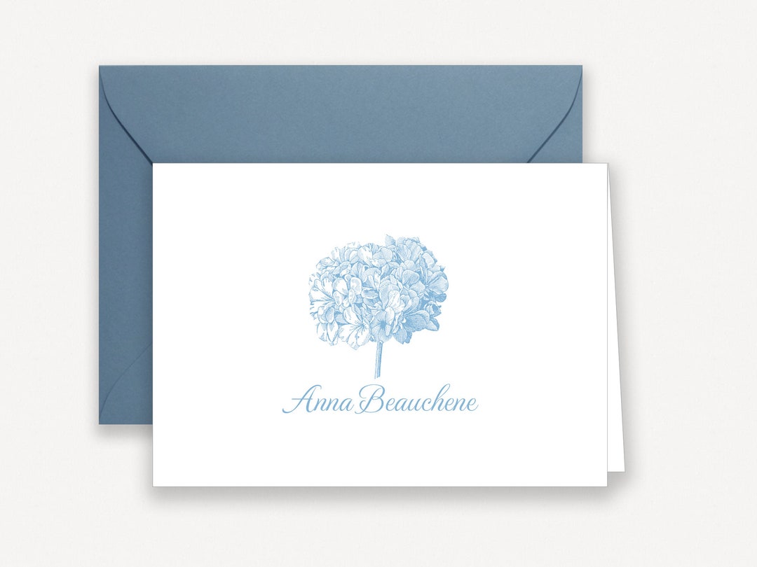 Personalized Stationery for Women Note Cards, Blue Hydrangea ...
