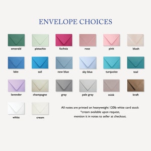 Puede incluir: Un gr&aacute;fico que muestra 16 colores de sobres diferentes para tarjetas de notas. Los colores son: esmeralda, pistacho, fucsia, rosa, rosa, rubor, lago, vela, azul nuevo, azul cielo, turquesa, azul verdoso, lavanda, champ&aacute;n, gris, gris claro, vis&oacute;n, kraft, blanco y crema. Todas las notas se imprimen en cartulina blanca de 120 lb de peso pesado. *crema disponible a pedido, menci&oacute;nelo en las notas al vendedor al finalizar la compra.