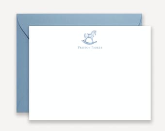 Rocking Horse Baby Boy Stationary, Personalized, Baby Shower Blue Rocking Horse Baby Note Cards, Baby Shower Thank You Notes Flat Note Cards