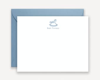 Rocking Horse Baby Boy Stationary, Personalized, Baby Shower Blue Rocking Horse Baby Note Cards, Baby Shower Thank You Notes Flat Note Cards