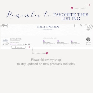 K&ouml;nnte beinhalten: Ein wei&szlig;es Etsy-Shop-Banner mit dem Text "Remember to FAVORITE THIS LISTING" und "LOLO LINCOLN - classic paper goods -" in schwarzer Schrift. Das Banner zeigt au&szlig;erdem ein rosa Herz, einen wei&szlig;en Stern und einen wei&szlig;en Pfeil. Das Banner enth&auml;lt auch ein Shop-Logo mit dem Text "LOLO LINCOLN" in schwarzer Schrift. Das Banner enth&auml;lt au&szlig;erdem eine Shop-Beschreibung mit dem Text "LoloLincoln is a Star Seller!" und "Smooth shipping", "Speedy replies", "Rave reviews", und "Sarah Litty - Contact" in schwarzer Schrift. Das Banner enth&auml;lt au&szlig;erdem einen Call-to-Action mit dem Text "Please follow my shop to stay updated on new products and sales!" in schwarzer Schrift.