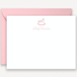 Baby Girl Stationary, Baby Shower Thank You Card, Stationery for Baby Girl, Pink Rocking Horse Baby Note Cards, Flat Note Cards