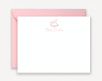 Baby Girl Stationary, Baby Shower Thank You Card, Stationery for Baby Girl, Pink Rocking Horse Baby Note Cards, Flat Note Cards