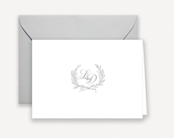 Laurel Wreath Wedding Thank You Notes, Folded Notes Cards, Gray Wreath Monogrammed Note Cards, Formal, Wedding Stationary