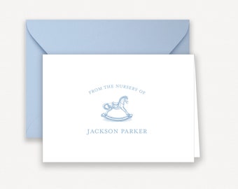 Rocking Horse Baby Boy Stationary, Personalized, Baby Shower Blue Rocking Horse Baby Note Cards, Baby Shower Thank You Notes Flat Note Cards