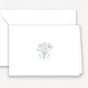 Vintage Monogram Folded Note Cards, Bouquet Monogram Personalized Stationery, Formal Wedding Stationary, Thank You Cards