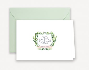 Personalized Stationary Folded Watercolor Greenery Wreath Thank You Notes, Monogrammed Folded Notes, Set of 10 Note Cards with Envelopes