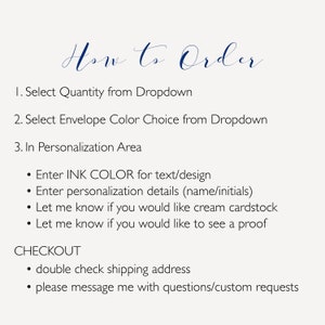 Puede incluir: Instrucciones para pedir un art&iacute;culo personalizado. Selecciona la cantidad, el color del sobre, el color de la tinta y los detalles de la personalizaci&oacute;n. Verifica la direcci&oacute;n de env&iacute;o y env&iacute;a un mensaje con cualquier pregunta.