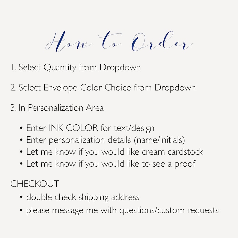 Puede incluir: Instrucciones para pedir un art&iacute;culo personalizado. Selecciona la cantidad, el color del sobre, el color de la tinta y los detalles de la personalizaci&oacute;n. Verifica la direcci&oacute;n de env&iacute;o y env&iacute;a un mensaje con cualquier pregunta.