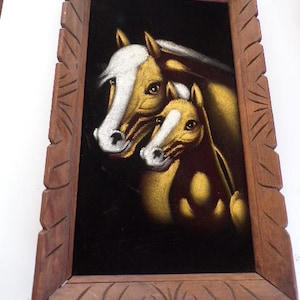Horses on Velvet Vintage Horse and Foal Painting on Black Velvet