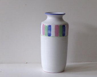 Mid Century Modern Ceramic Vase Blue Green Pink Color Pattern Vintage Stoneware