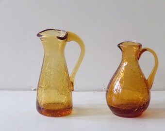 2 petits vases vintage en verre craquelé ambré soufflé à la main avec poignées appliquées