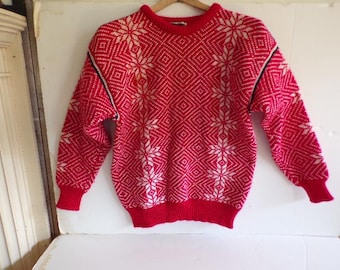 L.L. Bean Red Snowflake Ski Sweater Vintage Wool Crew Neck Pullover