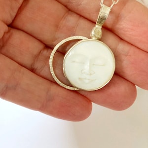 Moonface Necklace, Moon Pendant 18 inch, Sterling Silver Chain, Celestial Jewelry, Carved Moonface, Jewelry Gift for Her, OOAK Necklace