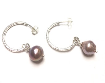 Pearl Hoop Earrings, Pearl Earrings, Fresh water pearl Earrings, Silver hoops pearls, Genuine Pearl Earrings, Pink Pearl Earrings